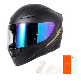 OTS Dual Clear & Tinted Visor Full Face DOT Motorcycle Helmet - Lightweight Airflow ABS Shell, Quick-Release Buckle, Washable Liner for Men Women(Matte Black Gold, Large)