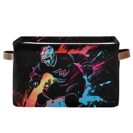 Storage Basket Colorful Abstract Ice Hockey Player Durable Canvas Collapsible Toy Box Organizer Bin with Handles for Shelf Closet Bedroom Home Office