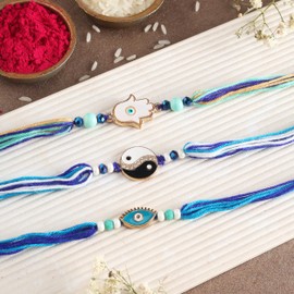 Raksha Bandhan Set of 3 Rakhi for Brother with Raksha Bandhan Greeting Card & Roli Chawal Tika | Evil Eye Rakhi for Small Brother | Rakhi for Small Bhai Bro | Evil Eye Rakhi for Brother PHRK59A