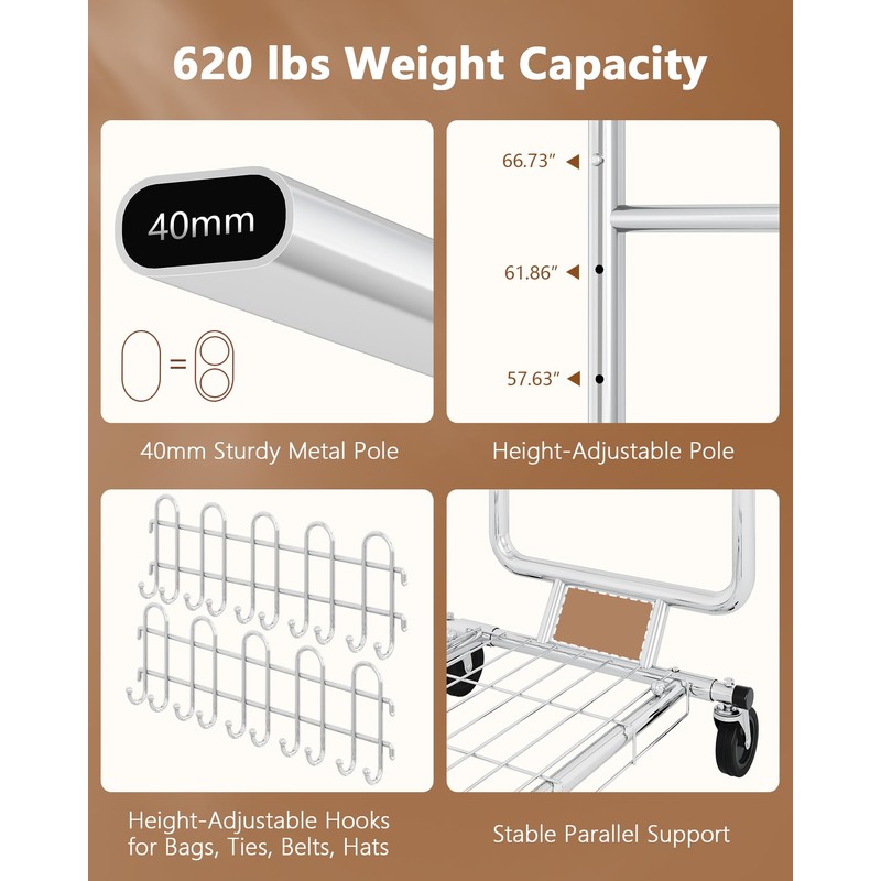 Hoctieon 2-Minute Assembly Double Rod Clothes Rack, Heavy Duty Rolling
