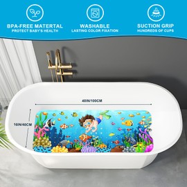 XIYUNTE Baby Bath Mat for Kids, 40x16 Inches Extra Long Baby Bath Mat Non Slip, Upgrade Cartoon Kids Bath Mat for Tub Non Slip Shower Mat with Suction Cups & Drain Holes, Machine Washable, Child