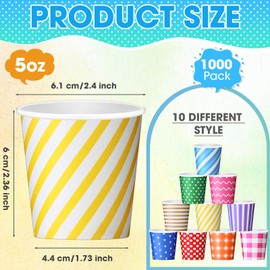 Uiifan 1000 Pcs 5 oz Paper Cups Multicolor Paper Disposable Cups for Mouthwash Picnic Parties Bathroom Home Travel Barbecues Events Drinking Water Coffee Tea Hot Cold Beverage, 10 Colors 10 Patterns