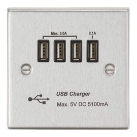 Knightsbridge CSQUADBC Quad USB Charger Outlet, Brushed Chrome with Black Insert, 5.1 A