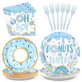 96Pcs Donuts Baby Shower Decorations for Boy Blue Donuts Party Plates Donut Boy Plates Disposable Donuts & Diaper Baby Shower Paper Tableware Set for Boy Baby Shower Supplies, Serves 24