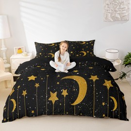 Gold Stars and Moon Duvet Cover Queen Size,Starry Sky Comforter Cover with 2 Pillowcase for Teens Adults,Kids Gold and Black Bedding Set,Galaxy Breathable 3 Pieces Decorative Bed Cover(No Comforter)