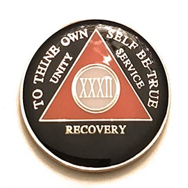 32 Year AA Medallion - Orange & Black Tri-Plate Alcoholics Anonymous Sobriety Chip, Token, Coin