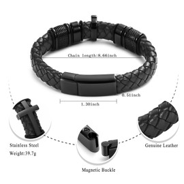 Oinsi Mens Double-Band Black Braided Leather Bangle Bracelets Cremation Jewelry For Ashes Wristband Memorial Urn Bangle With Cross Charm(Black-22cm)