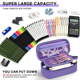 TOPBIDAI Large Pencil Case Pouch for Girls Boy Kids Children, Big Capacity Canvas Pencil Bag, Office College School Multi Compartment Zipper Stationery Pen Bag (Purple)