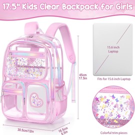 Fimibuke Clear Backpack for Girls, Heavy Duty PVC Transparent Kids Backpack for Teen Girls, School Stadium Approved See Through Teens Kids Bookbag for Kindergarten Elementary Middle High School, Pink