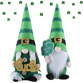 St. Patrick's Day Decorative Gnomes, Green Striped Plush Leprechaun Dolls with Shamrock Sign, Set of 2