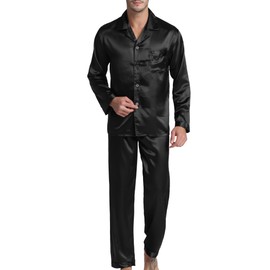 Men's Satin Pajamas Long Button-Down Pj Set Sleepwear Loungewear (Black, L)