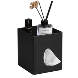 Cretkhp Tissue Box Cover, PU Leather Square Tissue Box Holder with Storage Tray for Bathroom Vanity Countertop Night Stands Bedroom Office Desk, Stylish Tissue Holder Decorative Organizer (Black)