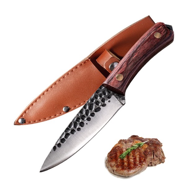 Fubinaty Chef Knife 4 Inch BBQ Steak Knife Handmade Forged Paring Knife High Carbon Steel Kitchen Cook Knives Full Tang Wood Handle with Leather Sheath for Home, Restaurant, Camping