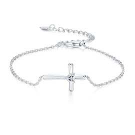 GW Cross Bracelet for Women 925 Sterling Silver with Heart-Shaped Zirconia, 16.5cm Chain + 5cm Extender, Faith-Inspired Jewelry for Everyday Wear and Birthday