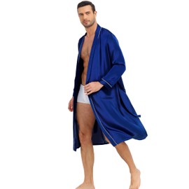 Lovasy Mens Silk Dressing Gown Lightweight Satin Robe for men Summer Kimono Dressing Gown Long Sleeve Bathrobe Soft Spa Silky Robes with Belt and Pockets Loungewear Nightwear,Blue,M