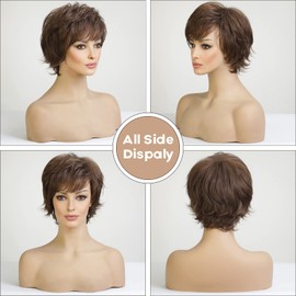 EMMOR Short Brown Human Hair Wigs for Women Blend with Healthy Memory Fibre Pixie Curly Wig with Bang, Natural Daily Hair
