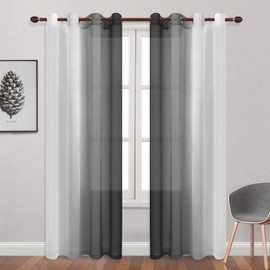 DWCN Black Ombre Faux Linen Sheer Curtains - Gradient Semi Voile Grommet Top Bedroom and Living Room Curtains, 52 x 96 Inches Long, Set of 2 Window Curtain Panels