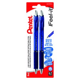 Pentel Feel-It!, Low Viscosity, Retractable Ballpoint Pen, Everyday Writing, Office Supplies, School Supplies, Blue Ink, Metal Tip, 0.7mm Medium Point, BX477BP2-C, 2 Pack