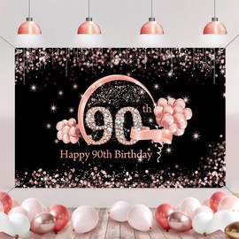 Tecreo Happy 90th Birthday Decorations Backdrop Banner for Lady/Women Happy 90 Years Old Party Fabric Sign Poster Woman Birthday Photo Background 90th Birthday Party Supplies, 59"x35.4"