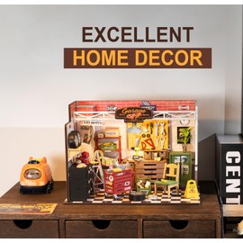 ROBOTIME DIY Miniature House Kit Garage Workshop with Light, Wooden Dollhouse Model Building Kit for Adults and Children, Holiday Birthday Gifts for Boys Girls