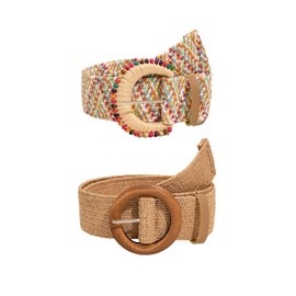 Verdusa Women's 2 Pack Buckle Elastic Straw Belts Boho Waist Belt Brown Multi 90