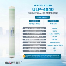 Max Water ULP-4040 Reverse Osmosis 4" x 40" RO Membrane, 2600 GPD | ULP 4040 For Water Purification Desalination Commercial, Industrial, Agricultural | Compatible with Dow Filmtec AG4040FF, TW30-4040
