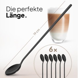 JODORA Design Latte Macchiato Spoon Black 19 cm - 6 Long Spoons Made of Rustproof 304 Stainless Steel - Sturdy Dessert Spoon Long Dishwasher Safe
