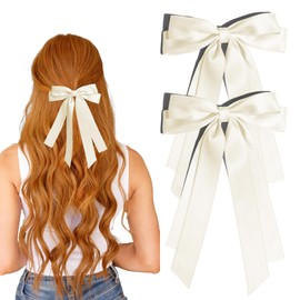 2 PCS Hair Bows for Women Silky Satin Beige Bows Hair Clip Ribbon Hair Accessories for Girls Bow Hair Clips