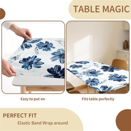 artslion Rectangle Waterproof Tablecloths Elastic Edge for Secure Fit-30 x 72 inch Wipeable Table Cover Non-PVC Fabric Painting blue flowers Designs Indoor Outdoor Use