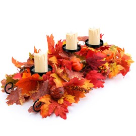 Yunlly Fall Thanksgiving Maple Leaves Candle Holder Without Candle Harvest Table Centerpiece Decoration Artificial Maple Leaf Candle Holder with Pumpkins Berries for Thanksgiving Autumn(Bright Style)