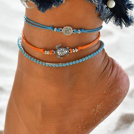 Zoestar Boho Anklet Turtle Multilayer Bracelet Beach Blue Beads Ankle Jewelry for Women and Girls