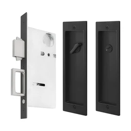 Modern Pocket Door Hardware - Privacy Lock with Finger Flush Pulls for Sliding & Folding Doors (Black, No Key)