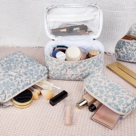 Epzia Makeup Bag, Large Quilted Cosmetic Bag, Big Floral Make Up Bag for Women Girls, Cute Cotton Makeup Bag Set, Flower Travel Toiletry Organizer Bag Makeup Bags