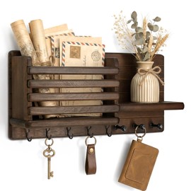 Rebee Vision Pine Wood Key Holder Wall Mount for Home Decor - Farmhouse Key Holder for Wall with 8 Hooks for Entryway, Kitchen - Mail Organizer with Round Corner for Letter, Paper & Mail (Brown)