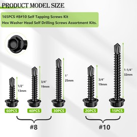 mxuteuk 165PCS #8#10 Self Tapping Screws Assortment Kit,410 Stainless Steel Hex Washer Head Self Drilling Screws,Black Zinc Plated Sheet Metal Screws Suitable for Wood, Metal or Tough Materials