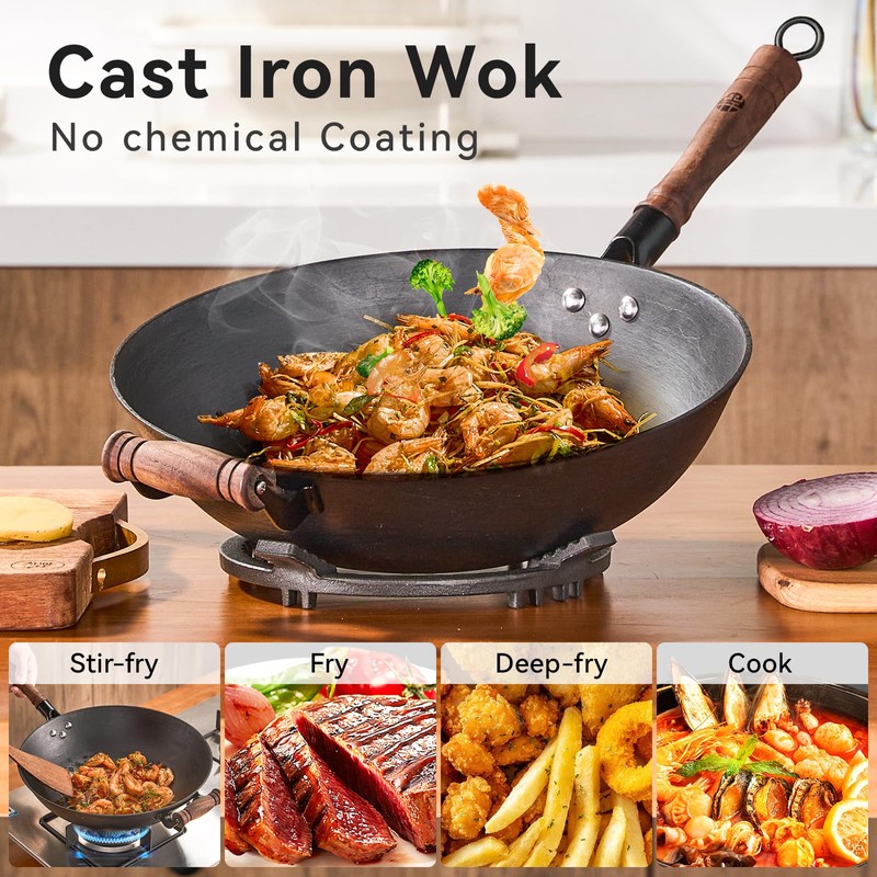 WANGYUANJI Cast Iron Wok,13.4 inch Flat Bottom Wok with Glass