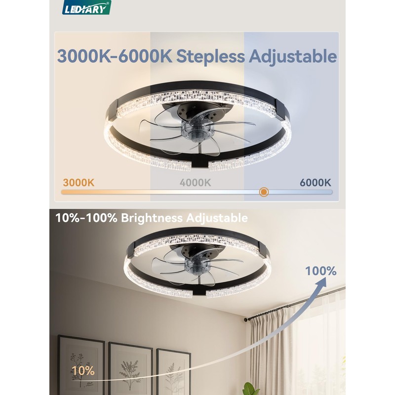 LEDIARY Flush Mount Ceiling Fans with Lights and Remote, 19.7''