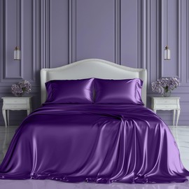 SLEEP SANCTUARY Satin Sheets King Size – 4 Piece Luxury Silky Bed Set, Softer Than Silk, 15" Deep Pocket, Cooling & Wrinkle-Free, Moisture-Wicking & Breathable for Hair & Skin (Purple)