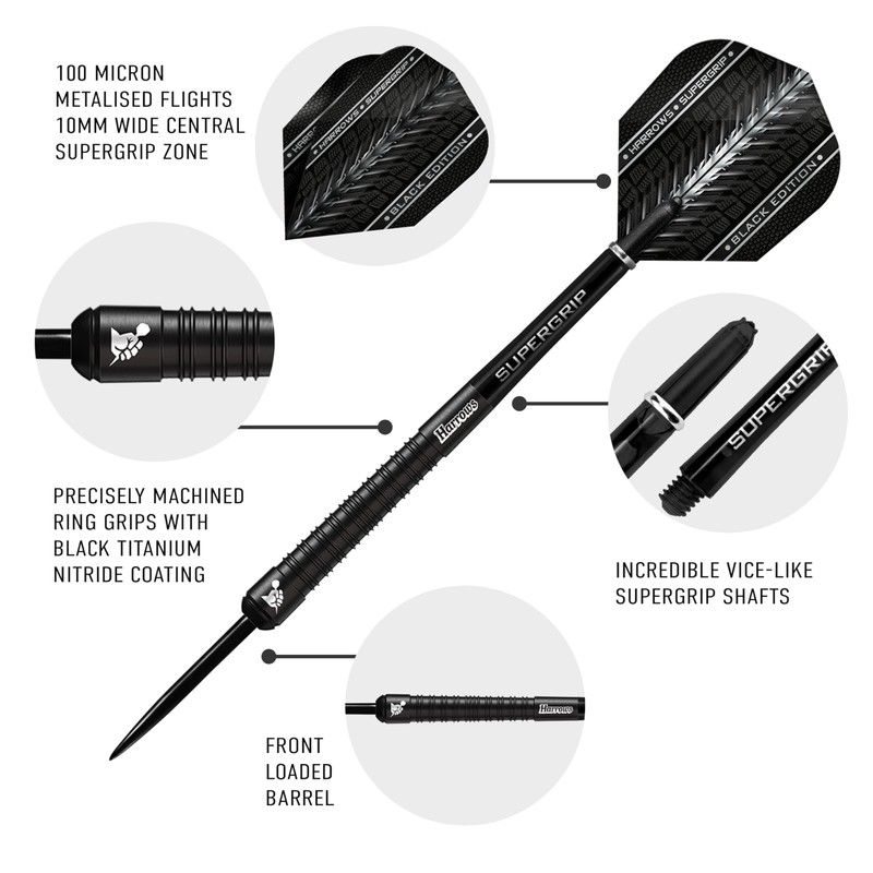 Harrows SUPERGRIP BLACK EDITION 90% Tungsten Steel Tip Darts Set.