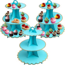 Roellgs 3 Pack Round Cardboard Cupcake Stand, 3-Tier Silver Cupcake Holder Dessert Tower for 24 Cupcakes, Perfect for Wedding, Birthday Party, Baby Shower and Graduation (Lace Blue)