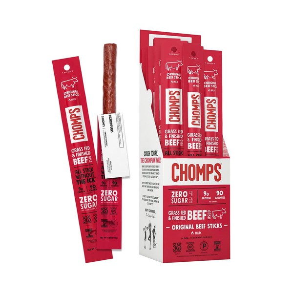 CHOMPS Grass Fed Original Beef Jerky Snack Sticks, Keto, Paleo, Whole30 Approved, Non-GMO, Gluten Free, Sugar Free, Allergy Friendly Snack, High Protein, 90 Calorie Snack, 27.6oz Pack