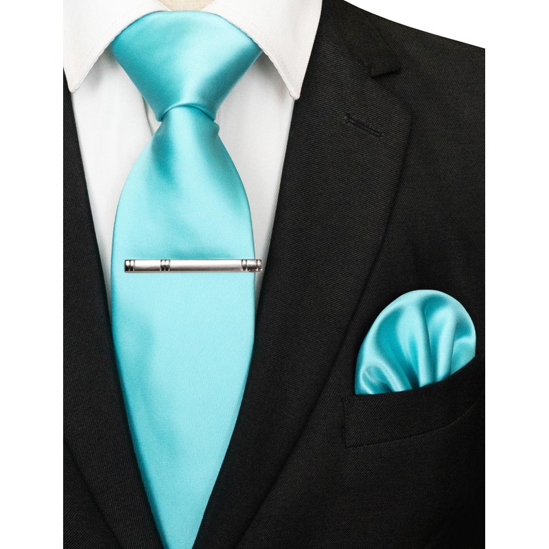 JEMYGINS Turquoise Tie and Pocket Square With Tie Clip Sets