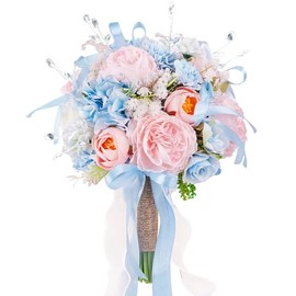 Ramos de boda de 21.8 cm para novia y dama de honor, ramo en azul bebé, rosa pálido y blanco cremoso con flores pastel de cristal, rosas artificiales falsas de seda para boda, arco iris, primavera