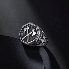 Joliernelle Men's Norse Viking Battle Axe Ring Stainless Steel Vintage Nordic Scandinavian Protection Amulet Jewelry Size 13