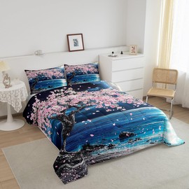 Feelyou Beautiful Scene Comforter Set Full Size Cherry Blossoms Comforter Japanese Style Bedding Set Sakura Flower Duvet Set Room Decor Dark Blue Quilt Set