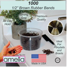 Amelia Beauty | 1000, 1/2", Brown Rubber Hair Ties | US Made Rubber Bands | Ideal for Ponytails, Braids & Beards | Strong All Day Hold