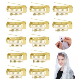 Chunni Clips with Safety Pins, 12 pcs 10-Teeth Strong Dupatta Clips Hair Extension Clips, 3.6 CM Invisible Strong Wig Fixed Clips For Wig Chunni Headscarf Hijab & Tikka (Golden)