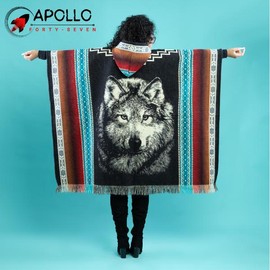 Wolf Poncho - Alpaca Wool Poncho - Unisex Poncho Coats Jacket Man Women - Color: Turquoise Wolf Face