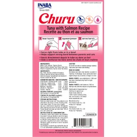 INABA Churu Cat Treats, Grain-Free, Lickable, Squeezable Creamy Purée Cat Treat/Topper with Vitamin E & Taurine, 0.5 Ounces Each Tube, 4 Tubes, Tuna with Salmon Recipe