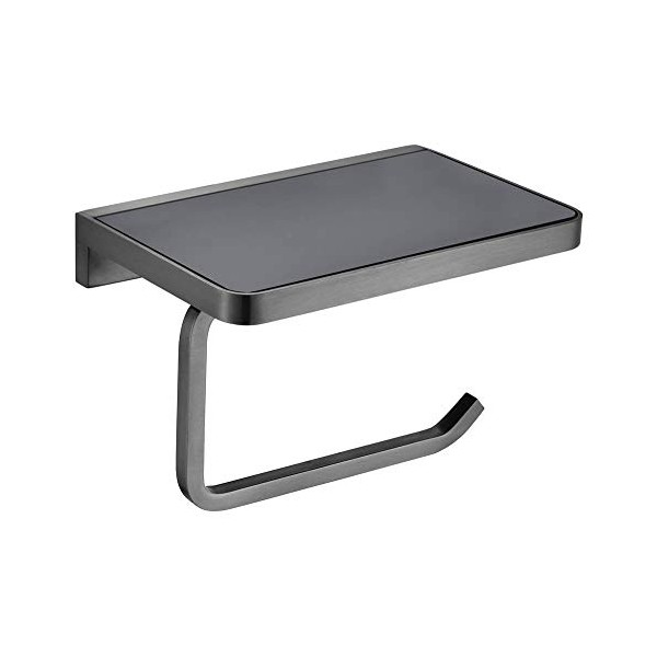 Lexora Home Glass Shelf with Toilet Paper Holder in Gun